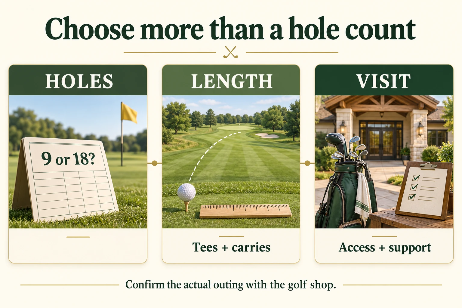 Three separate checks for choosing a first golf course: hole count, playing length and carries, and access and support.