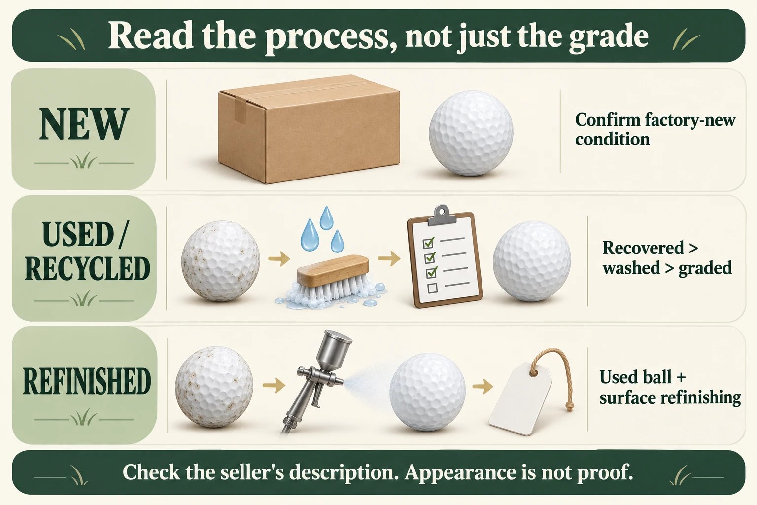 Conceptual comparison of new golf balls, used balls that are recovered, washed and graded, and used balls receiving surface refinishing.