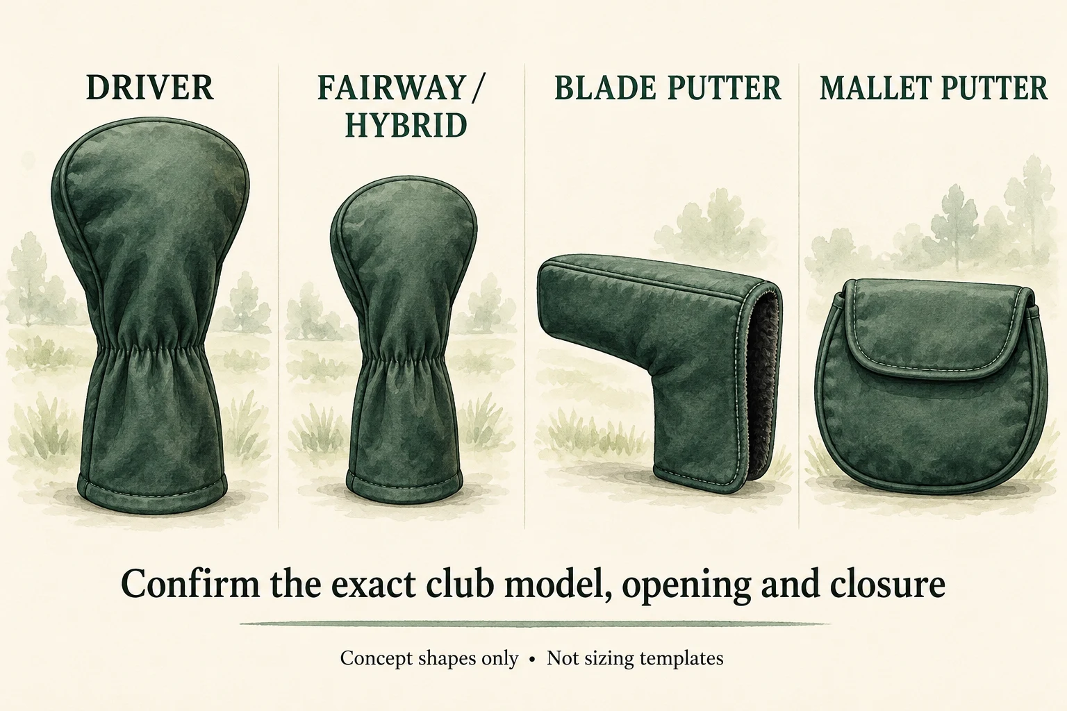 Concept sketches of driver, fairway or hybrid, blade-putter and mallet-putter headcover shapes.