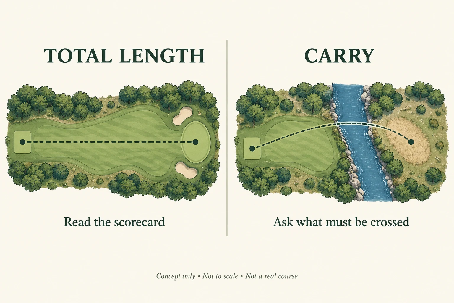 Concept illustration contrasting total hole length with a shot that must carry across a stream.