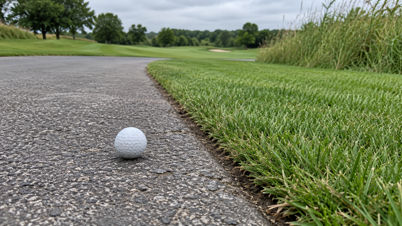 A white golf ball resting on a hard-surfaced cart path