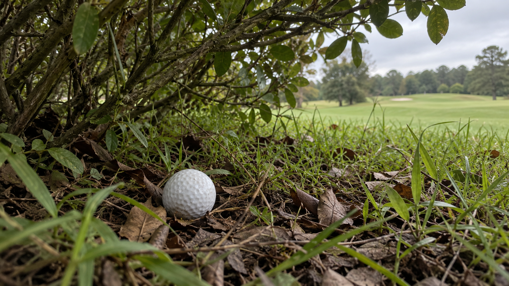 A white golf ball beneath a bush
