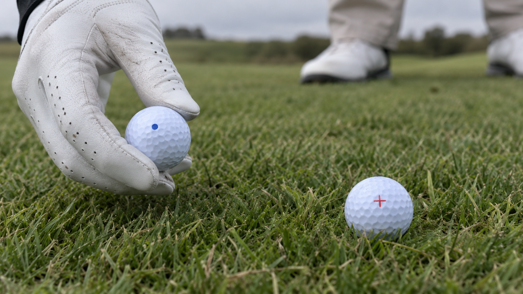 Two golf balls with different identifying ink marks